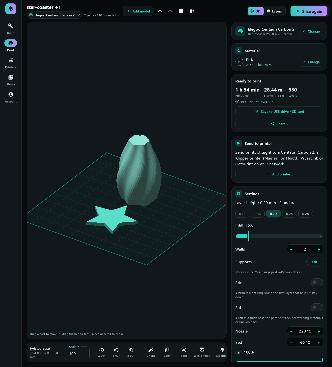 WrenSlicer desktop app after slicing a model