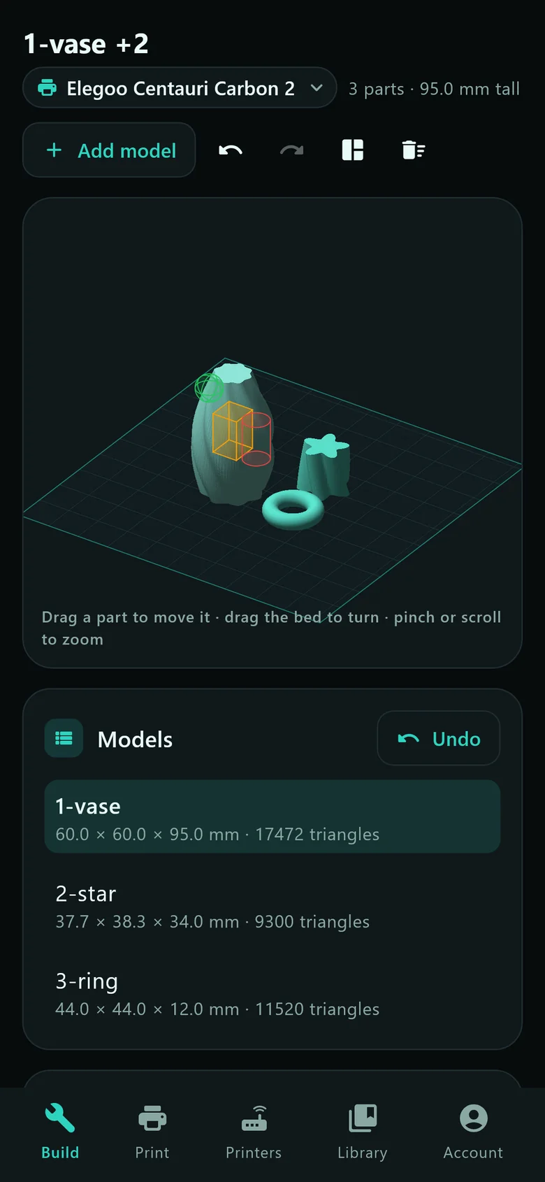 iPhone: the Build tab with the model list and modifier boxes