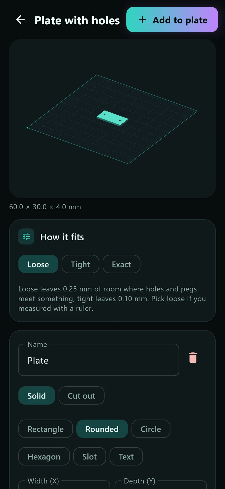 iPhone: the part designer making a plate with holes